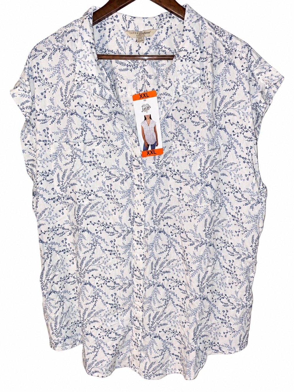 Jachs Girlfriend XXL NWT Blue White Floral Botanical Rayon Button Front Blous